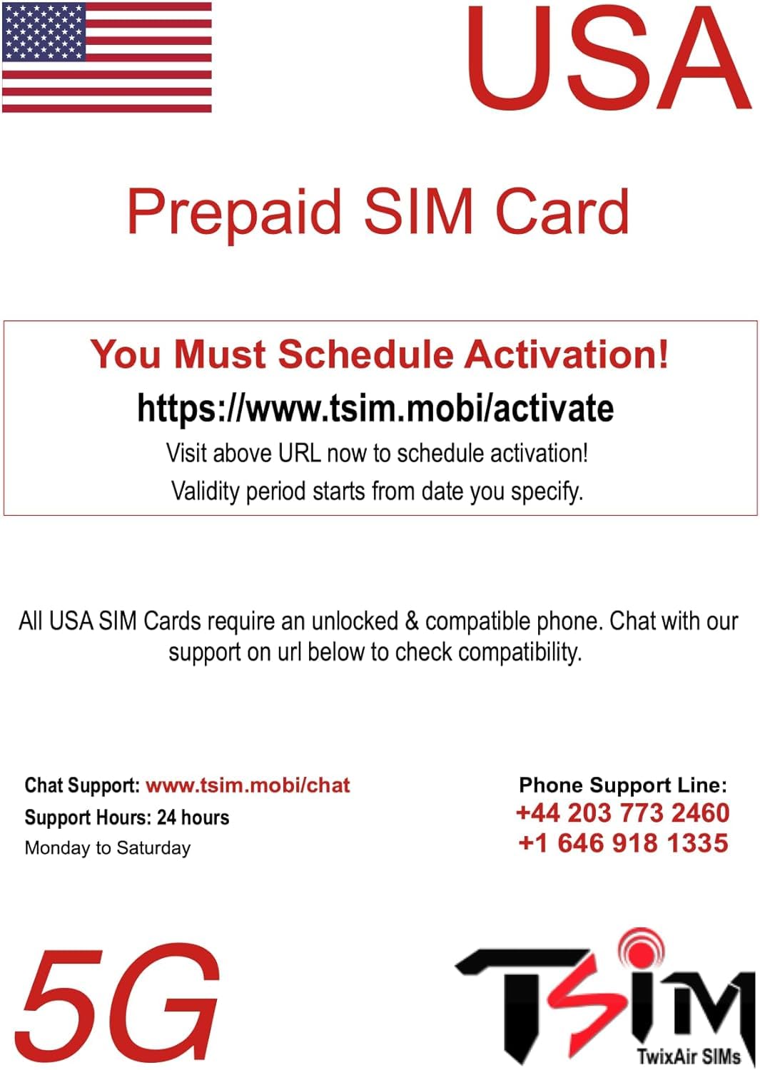 PrePaid USA SIM card. Unlimited incoming and outgoing calls/text | Ultra High Speed 5G Data allowance. Hotspot/Tethering/Internet Sharing allowed. (Unlimited x 2 Month)