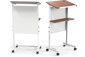 Bonnlo 36.2-44.3 in Height Adjustable Portable Podium Stand, Wheeled Lectern with Storage Shelf, Rolling Pulpits with Edge Stopper for Church, Ceremony, Classroom Lecture Speech Teach Platform