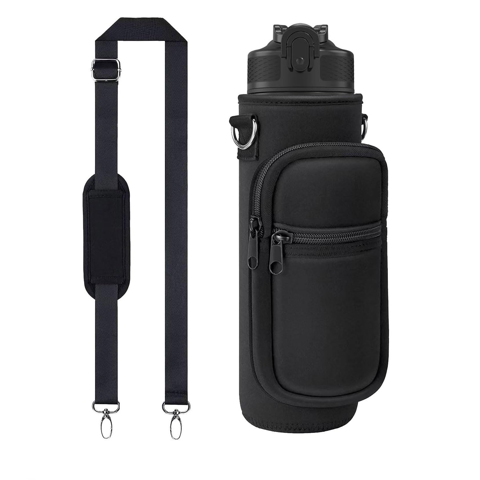 EYQ Water Bottle Carrier Bag with Adjustable Shoulder Strap, 25oz/32oz Bottle Pouch Holder 2 Pocket, Insulated Water Bottle Holder, Sports Water Bottle Accessories for Hiking Travelling Camping(Black)