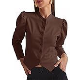 Tankaneo Womens Puff Sleeve Button Down Shirts Cropped Mock Neck Fitted Tops Fall Dressy Casual Cotton Blouse