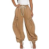 Voghtic Women's Baggy Y2K Elastic Waisted Jeans Bow-Knot Drawstring Pull-On Cargo Denim Pants Harem Pants Streetwear
