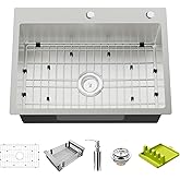Kitchen And Bar Sink, 25x18 Inch Stainless Steel Drop In Kitchen Sink Modern Single Bowl Topmount Bar Sink Combo-SS Grid,Spoo