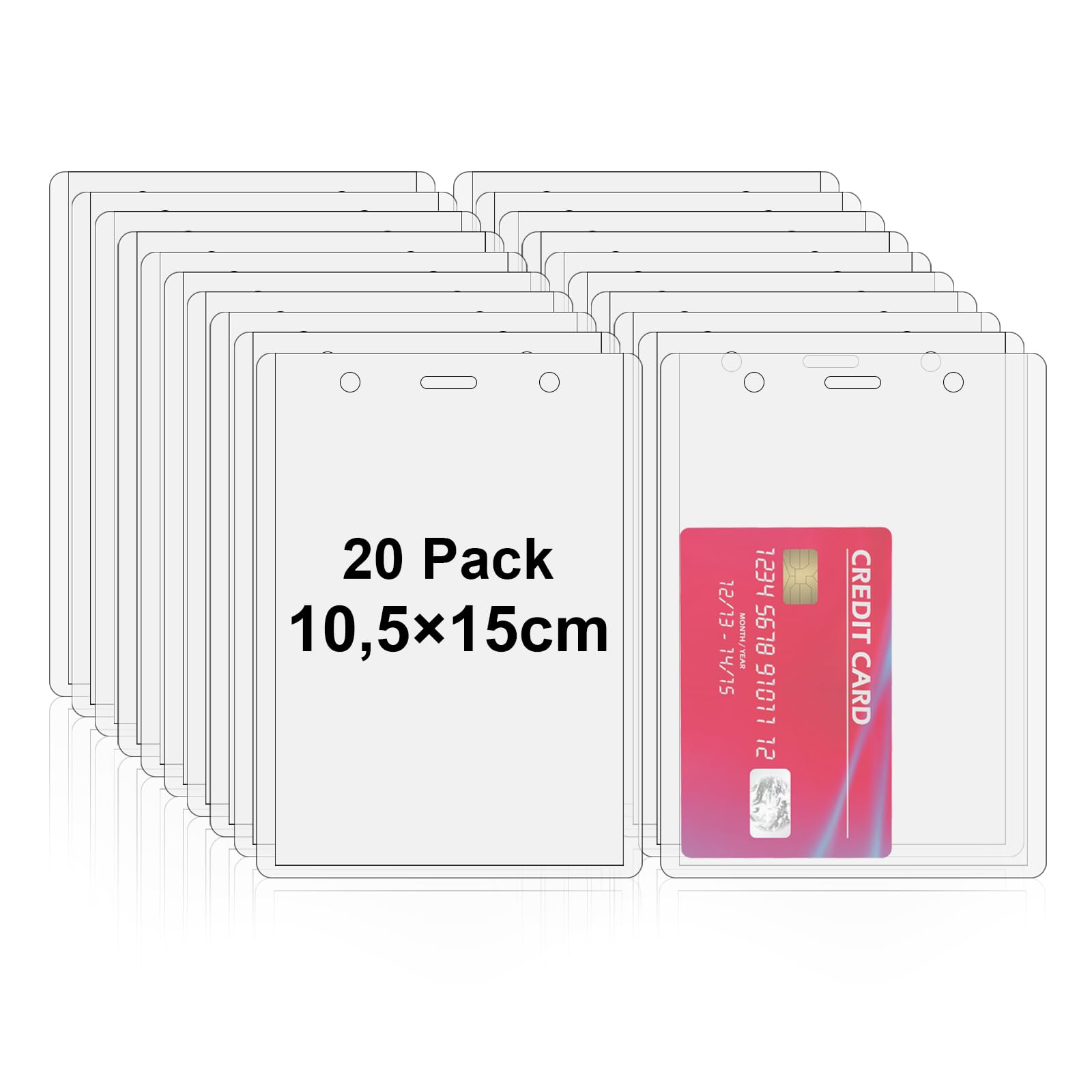 Fushing 20 Pcs Vertical PVC ID Card Name Tag Badge Holders Protector Hole Punch for Business School Event (150x105mm)