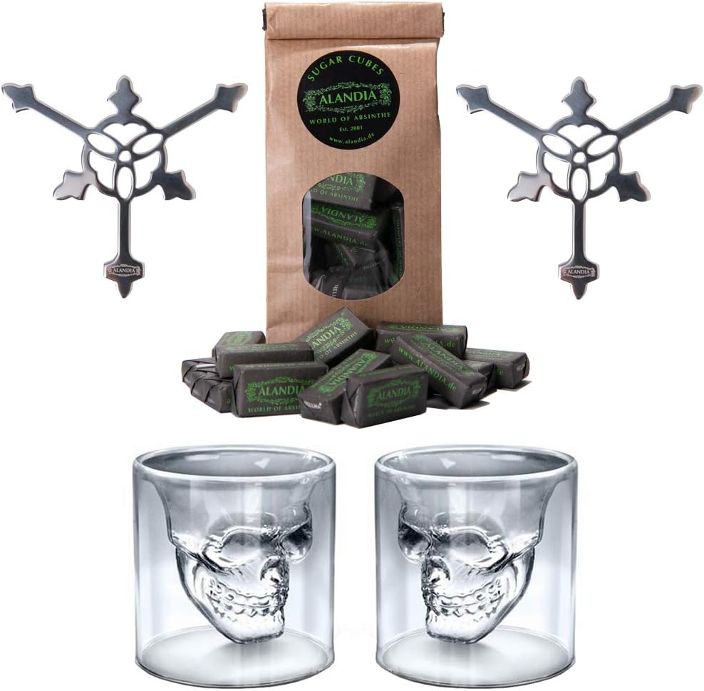 Scary Skull Design Absinthe Set | 2x Absinthe Skull Glasses | 2x Absinthe Spoons | 1x Sugar Cubes