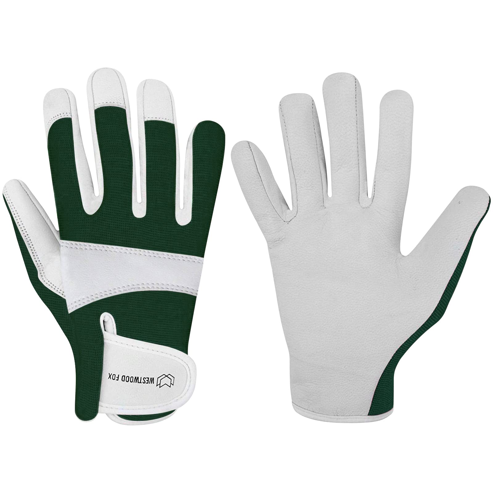 WESTWOOD FOX Gardening Gloves Leather Thorn Safety Working Heavy Duty Work Gloves for Women and Men Garden Tools Mechanic Breathable Gardener Non-Slip Rigger Gloves Protective Gift (Green, Small)