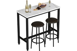 AWQM Bar Table Set of 2,39.3" Faux Marble Table Top,PU Leather Stools,3 Piece Pub Height Table Set,Breakfast Nook Dining Table Set with 2 Round Stools,Ideal for Living Room,Kitchen,Bar,White