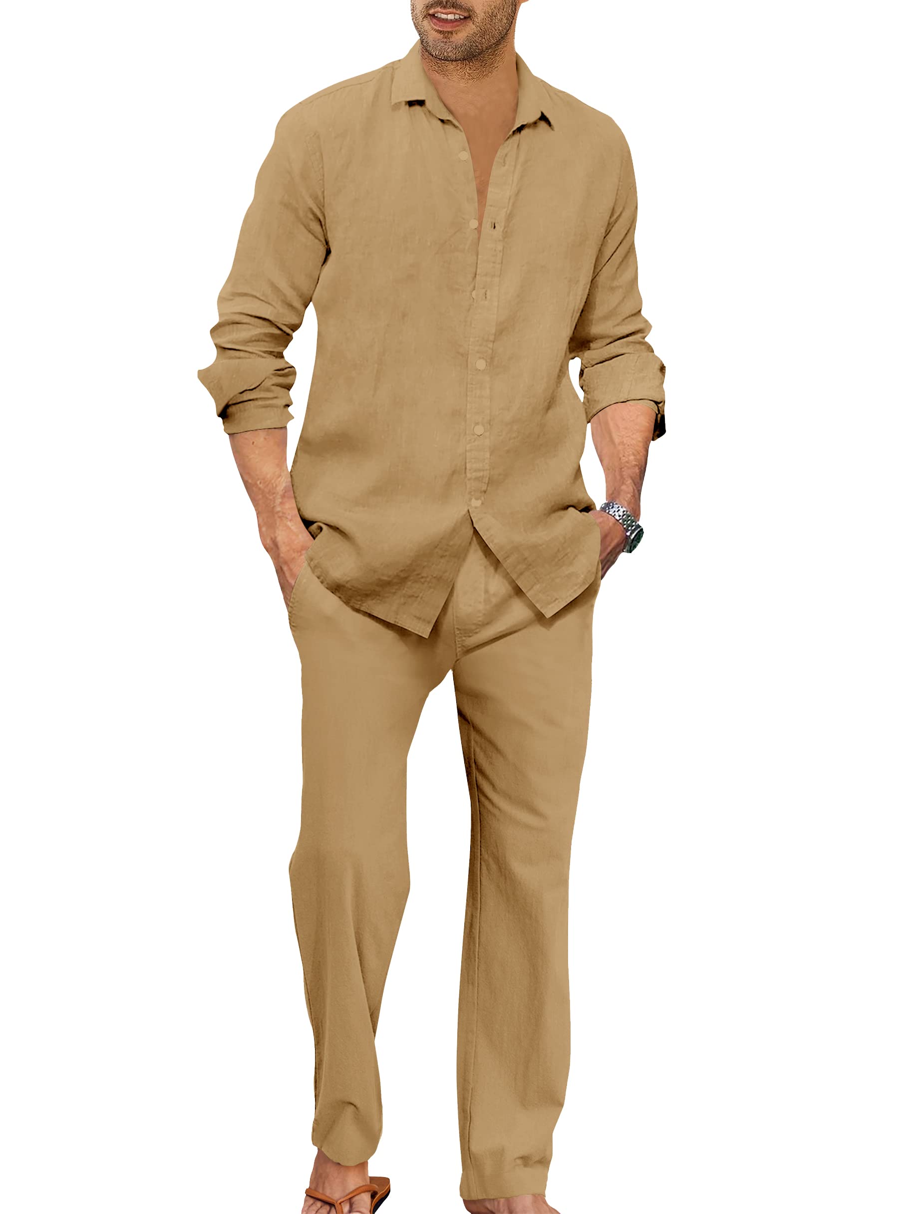 Photo 1 of Ryannology Men 2 Piece Linen Sets Outfits Drawstring Pants Button Down Long Sleeve Shirts Casual Beach Wedding Fashion Sets M