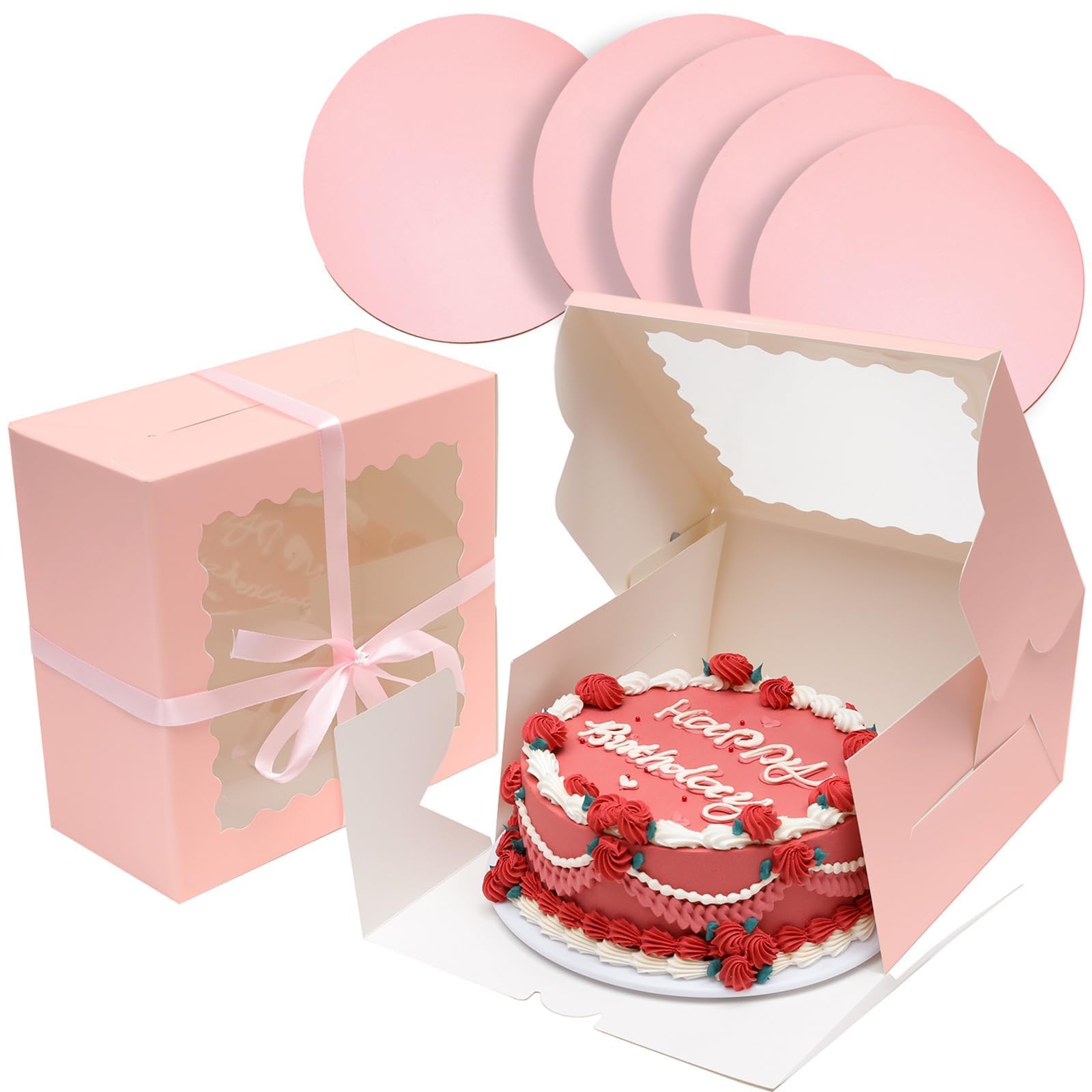 Gcardist 10x10x5 Inch Cake Box, 5 Sets Pink Cake Box with Window ＆ 5 Sets 10 Inch Pink Cake Round Boards, Cake Containers(25.4x25.4x13cm)