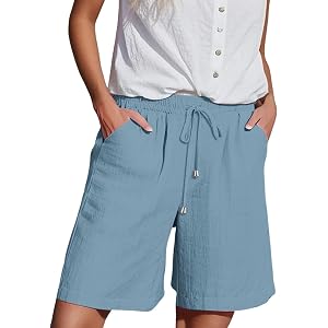 Linen Shorts for Women Drawstring Elastic Waist Crinkled Dual Patch Pocket Wide Leg Loose Travel Vacation Bermuda