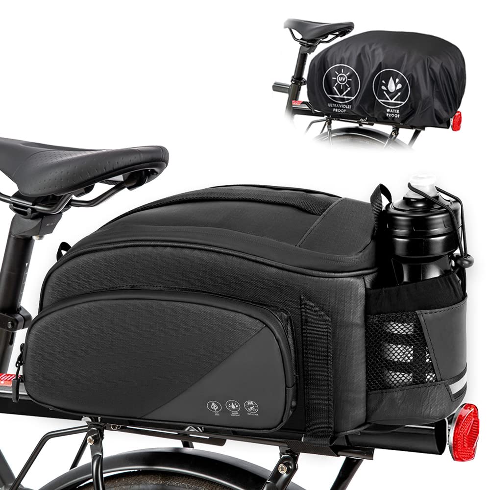 Eyein Bike Rear Rack Bag, 12L Waterproof Reflective Bicycle Trunk Bag, Cycling Rear Seat Carrier Backseat Storage Luggage with Water Bottle Holder, Shoulder Strap for MTB E-Bike