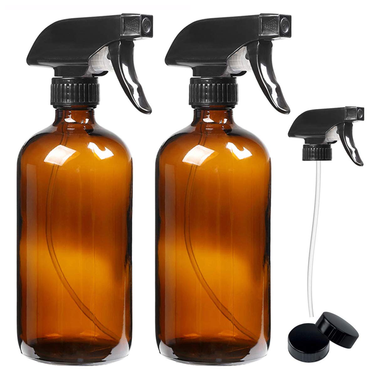 16oz Empty Amber Glass Spray Bottles with Mist and Stream Settings Trigger Sprayer-Refillable Container for Essential Oils, Cleaning Products, Aromatherapy, Plants, Kitchen, Hair(2 Pack) (Amber)