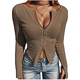 Fisoew Womens Long Sleeve Tops Ribbed Crop Top Double Zip Up Cardigans V Neck Sweater Shirts Fall and Winter 2024