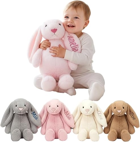 TIRXUIND Personalized Bunny Plush with Custom Name Embroidery, Easter Rabbit Stuffed Animal, Fluffy Plush Bunny with Long Ears, Monogram Easter Gift