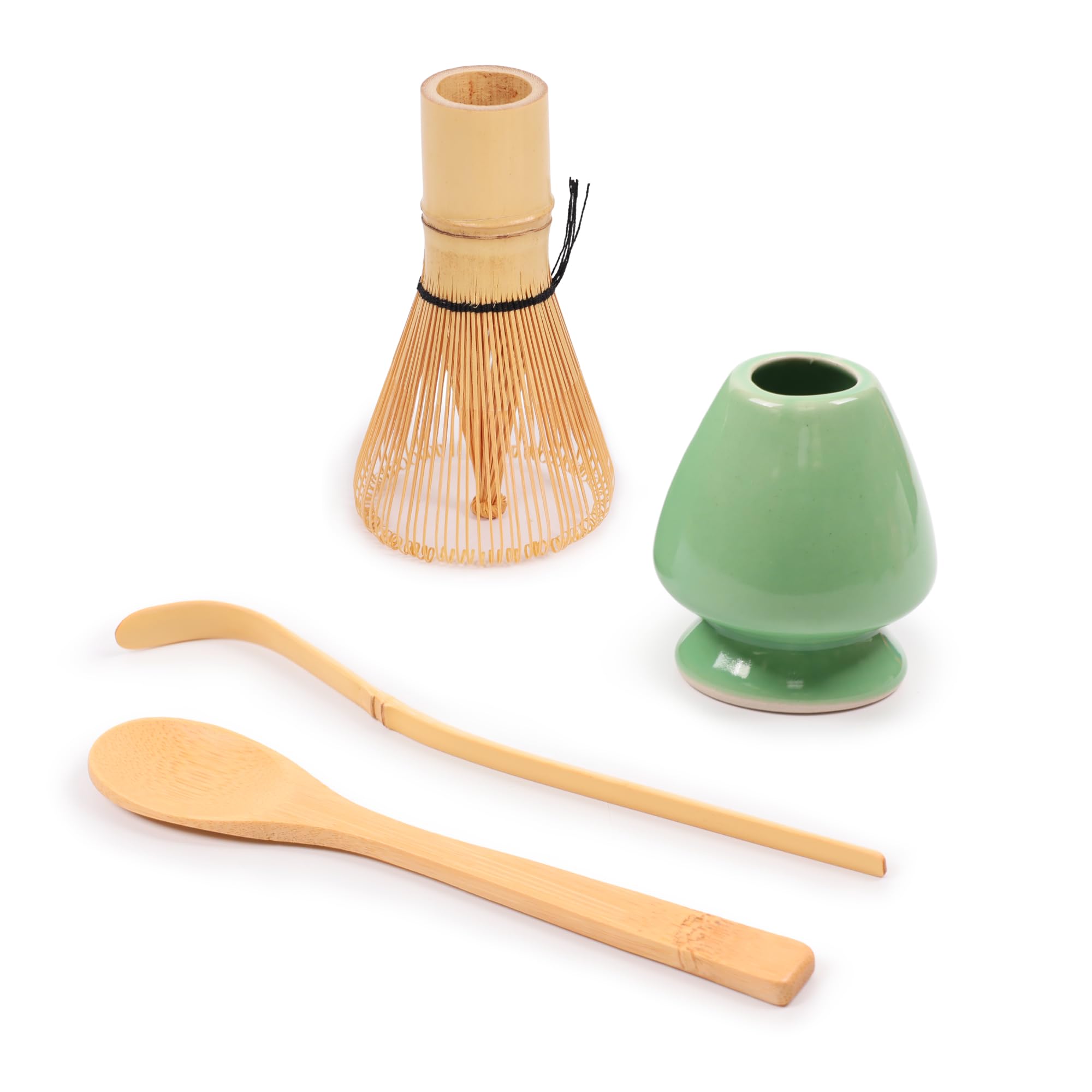 BambooMN Brand - Matcha Green Tea Whisk Set - Whisk + Scoop + Tea Spoon + Soft Light Green Whisk Holder