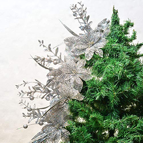 Valery Madelyn 6 Packs Silver Glitter Christmas Decorations with Artificial Christmas Flower and Leaf for Christmas Decoration and Home Decor