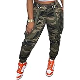 Womens Camo Cargo High Waist Pants Camouflage Military Elastic Trousers with Pockets