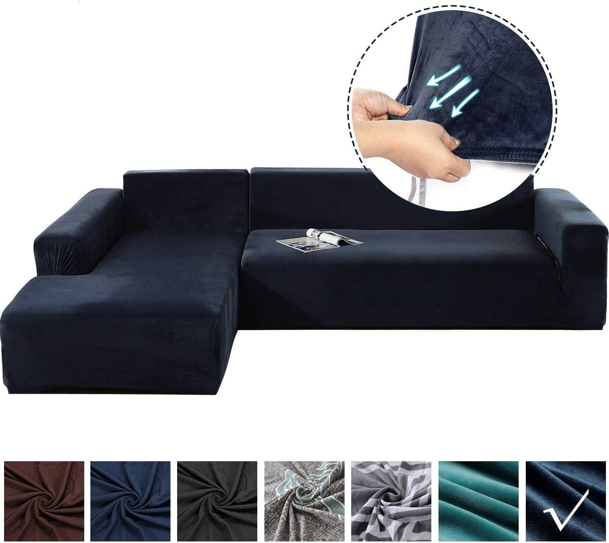 SAFETYON Sand Sofa Slipcover Elastic Sofa Cover Sets L Shape Stretch Furniture Cover Pet Dog Sectional/Corner Couch Covers Thin Velvet L-Type Flexible Sofa Cover 3-seat +3 seat (Blue Velvet)