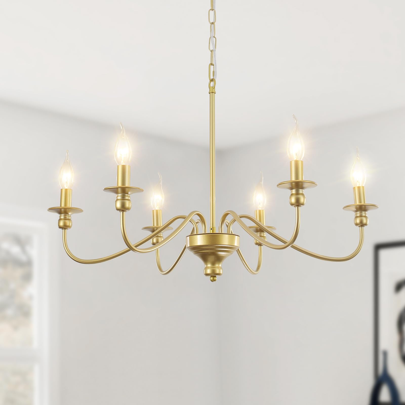 Gold Chandeliers Ceiling Light 6-Light Modern Living Room Ceiling Light Fitting, Vintage Gold Candle Pendant Light Fitting for Dining Room Bedroom Kitchen Foyer Hallway with E14, Height Adjustable