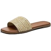 Athlefit Flat Sandals for Women Summer Raffia Square Toe Comfortable Slip On Dressy Casual Slide Sandals for Beach Travel
