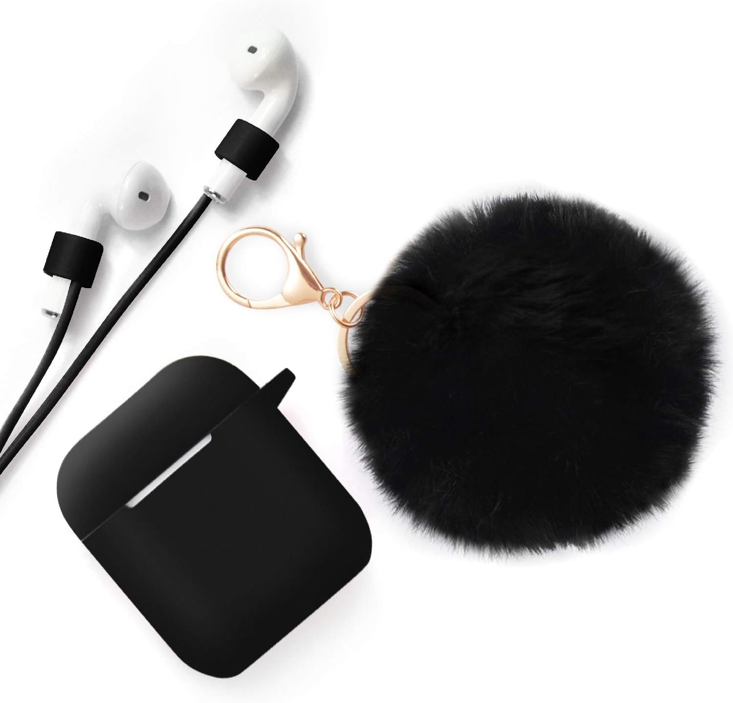 Case for Airpods Case - Cammate AirPods Case Cover Silicone Skin Protective Airpods Accessories for Apple Airpods Charging Case with Anti-lost Strap,Fur Ball Keychain,Black(Front LED Visible)