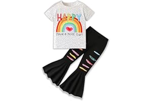 Azmxynol Toddler Kid Girls Clothes - Letter Rainbow Print Top Distressed Flared Pants 2PC Spring Summer Pant Set