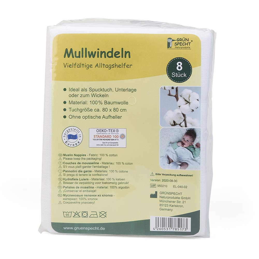 GRÜNSPECHT Muslin Nappies 80 x 80 cm, 100% Cotton, Burp Cloths, Without Optical Brighteners, Skin-Friendly & Absorbent, Pack of 5, White (598-00)