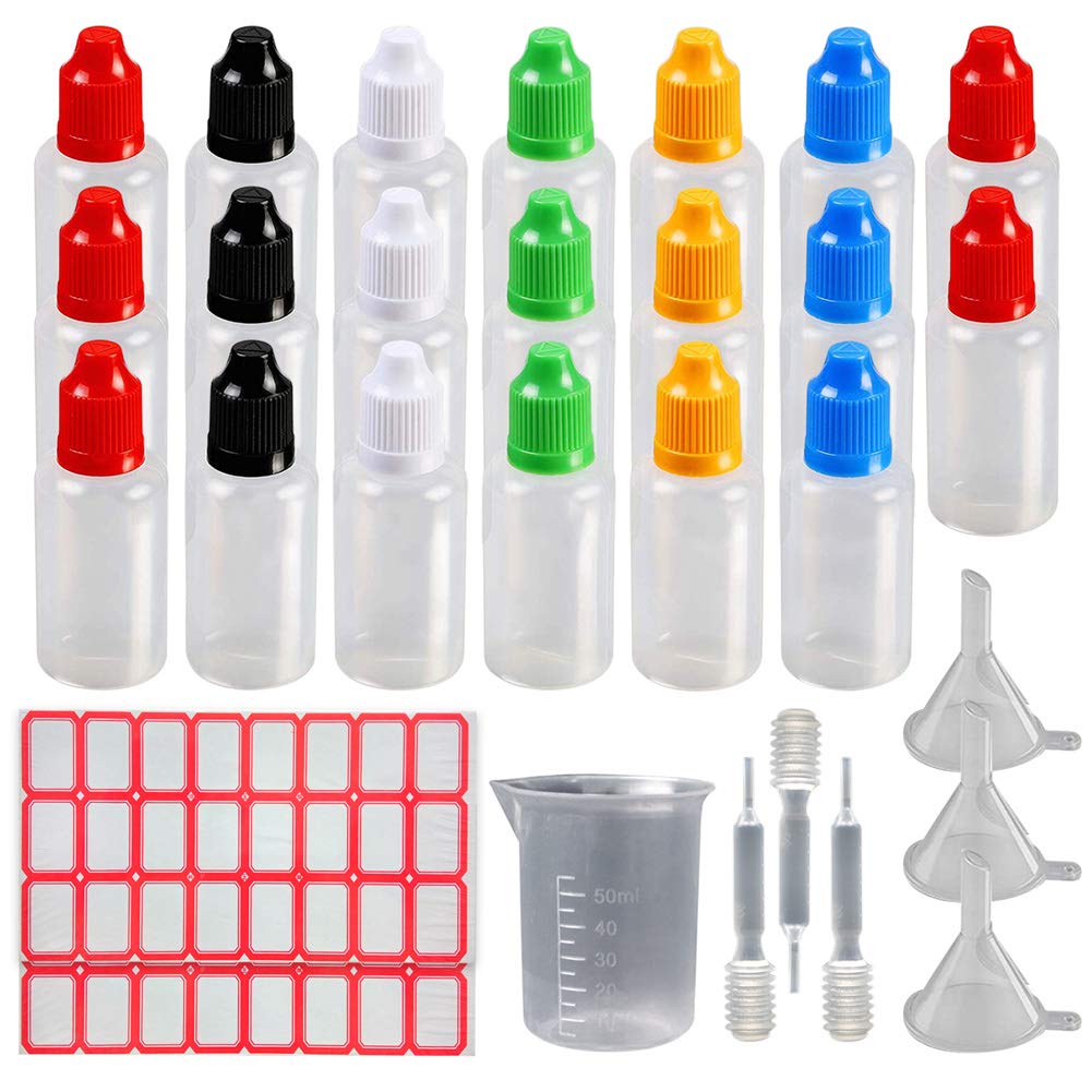 Dropper Bottles 20Pcs 30ml/1oz Plastic Squeezable Thin Tip Liquid Bottle with Childproof Cap(Transparent Bottle + Multi-Color Cap), Small Dropper Refillable Containers with Measuring Cup Funnel Blank
