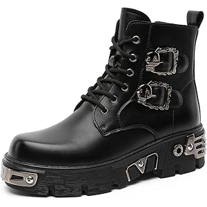 EGGDK Men's Leather Gothic Punk Ankle Boots Comfort Round Toe Lace-Up Side Zipper Platform Combat Boots for Concerts Festival