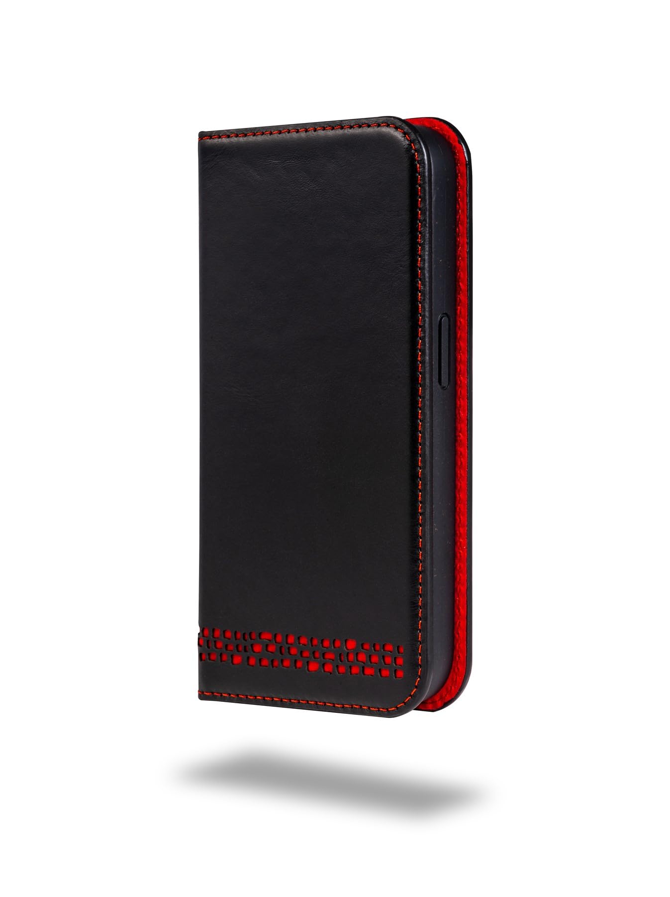 Ed Hicks iPhone 15 Pro Ultra-Slim Real Leather Flip Phone Case | Biodegradable Phone Holder | Magsafe — RFID Blocking Card Slot — Vintage Black and Red