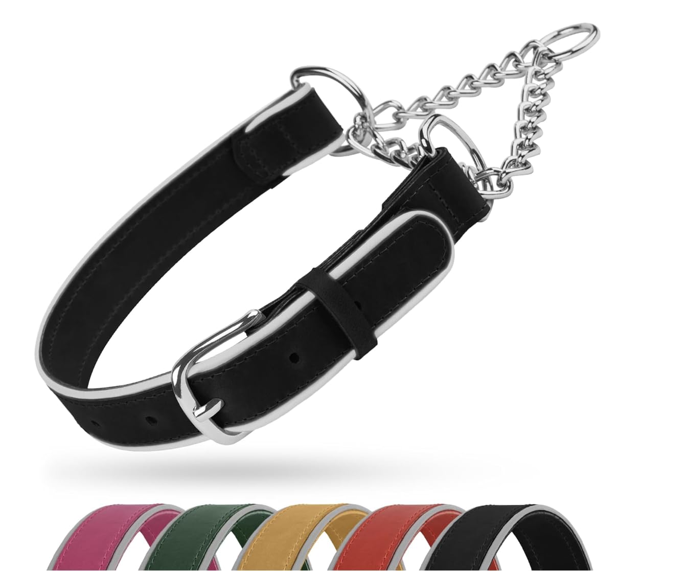 OOPSDOGGY Reflective Leather Martingale Dog Collar - Adjustable No Pull Stainless Steel Chain Training Collar for Small Medium Large Dogs Puppy (Black, Large, 18"-22.5")