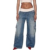 LETSVDO Women's Baggy Barrel Jeans Elastic High Waisted Wide Leg Cargo Y2k Patchwork Casual Stretchy Denim Pants
