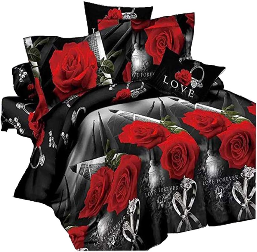 Tinghan 3D Printed Red Rose Duvet Cover Bedding Sets 1 Bed Sheet+ 1 Quilt Cover+2 Pillow Case Double Size