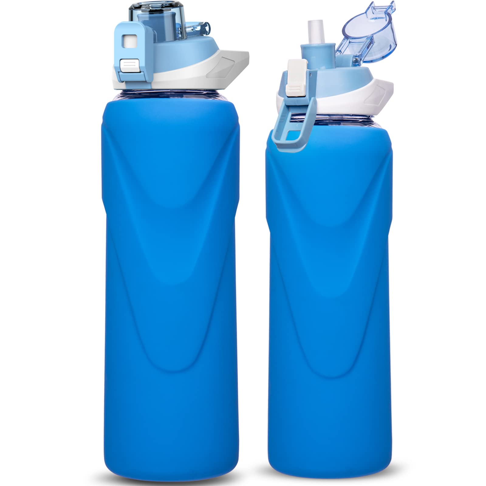 DEARRAY 1l / 1 litre Sports Glass Water Bottle with Straw & Silicone Sleeve Large Reusable BPA-free Glass Drinking Bottle with Flip Top Lid for Gym, Travel, Hiking