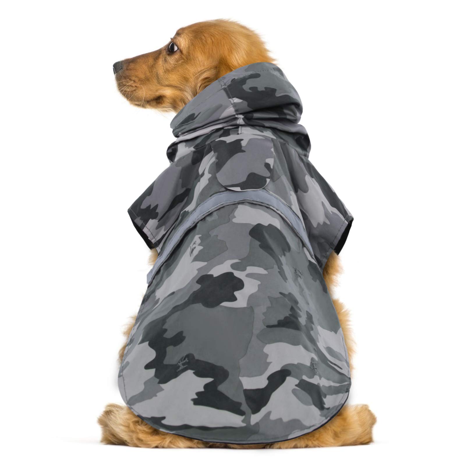 KOESON Dog Raincoat Waterproof Pet Rain Jacket, Reflective Adjustable Dog Rain Poncho Slicker with Leash Hole, Camouflage Lightweight Rainproof Hoodie Clothes for Medium Large Dogs Grey M