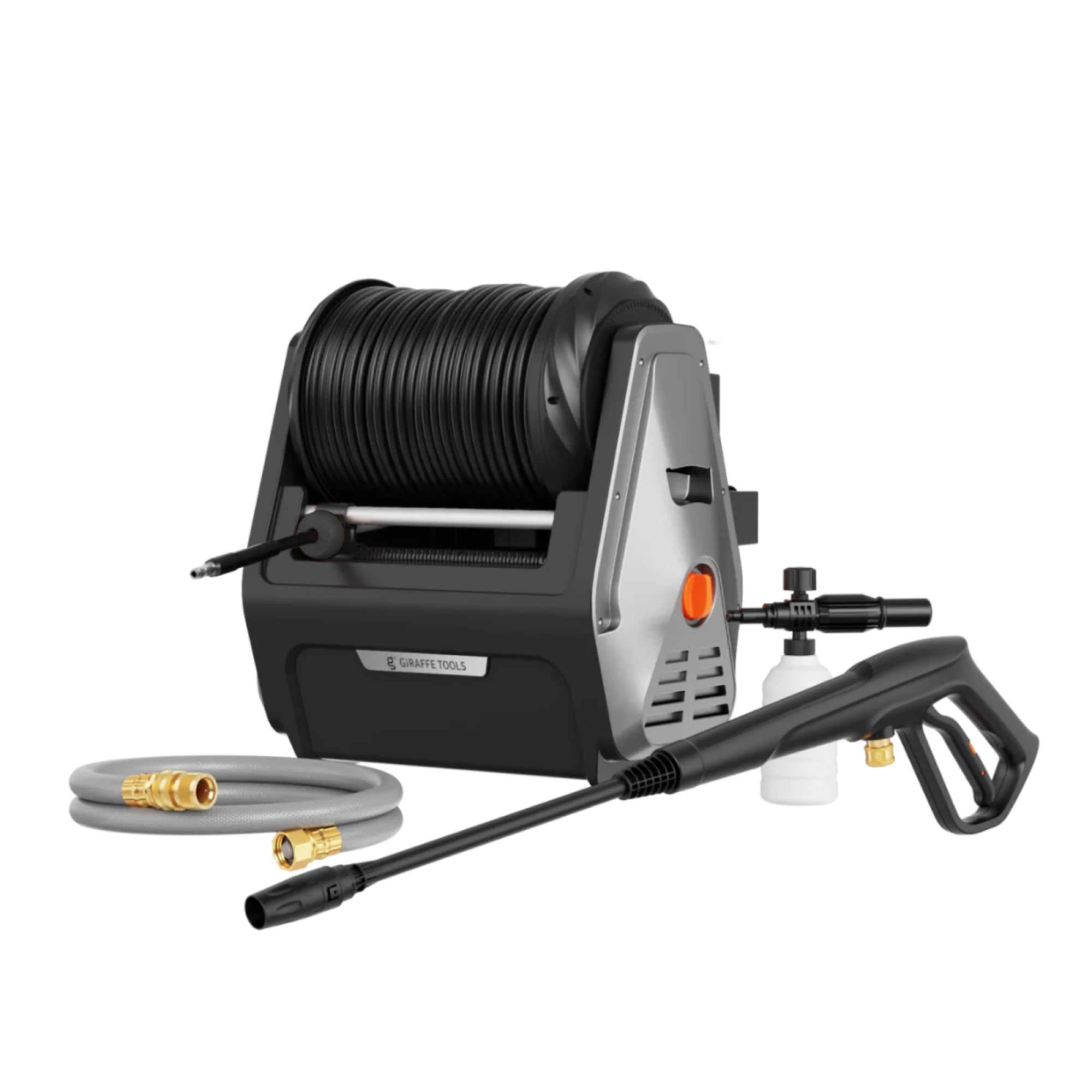 Giraffe Tools Wandmontierter Hochdruckreiniger, 1800 Watt, Max 2400 PSI, 2.0 GPM Elektrischer Wasserdruckreiniger, mit 30M Einziehbarem Schlauch, für Autos/Zäune/Garten, Schwarzer Harter Schlauch