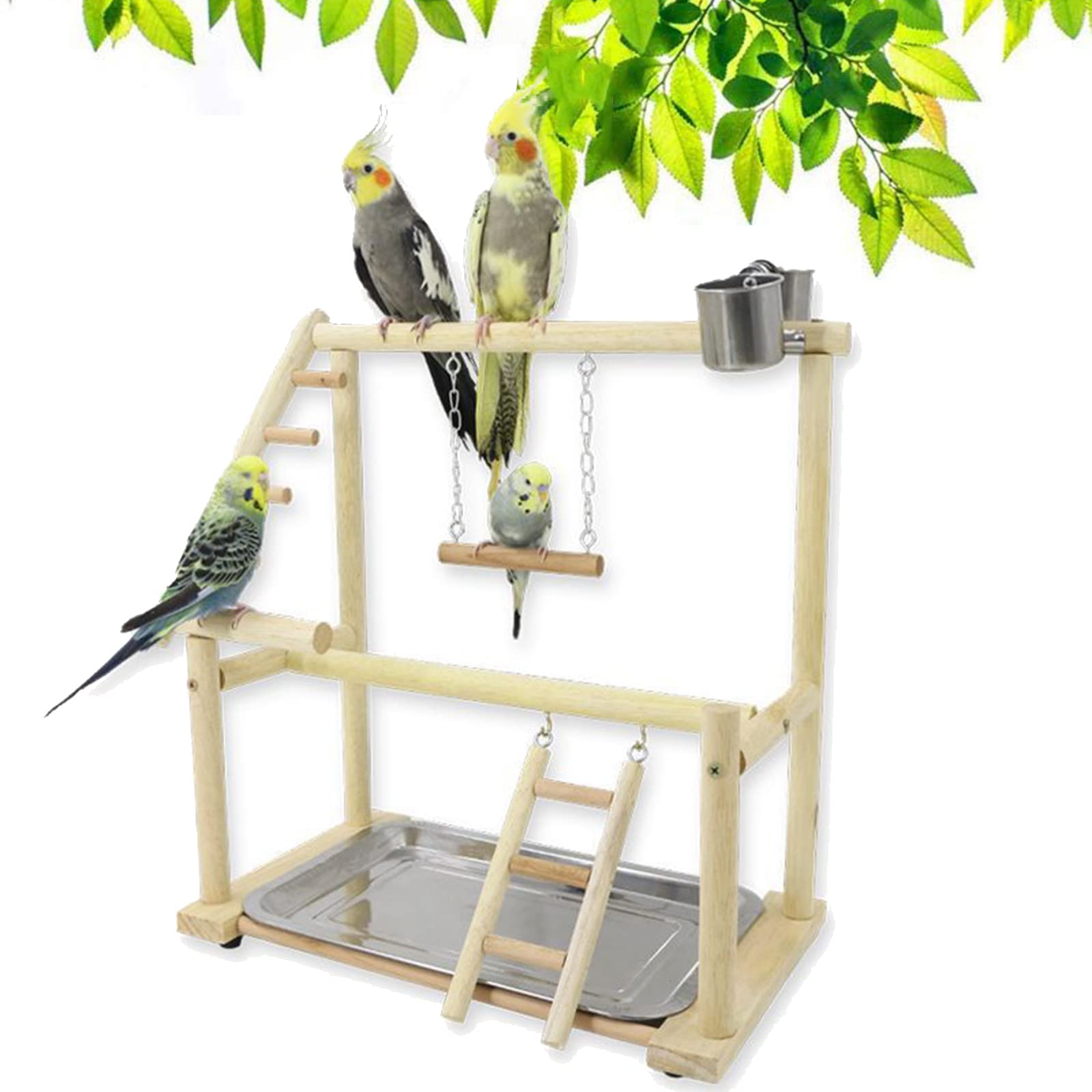 Joyeee Natural Bird Perch Stand with Playground Ladder, Water Feeder and Swing for Cockatiel, Parakeet, Conure, Budgies, Parrot, Macaw and Love Birds - 14.5" x 9" x 15.9"