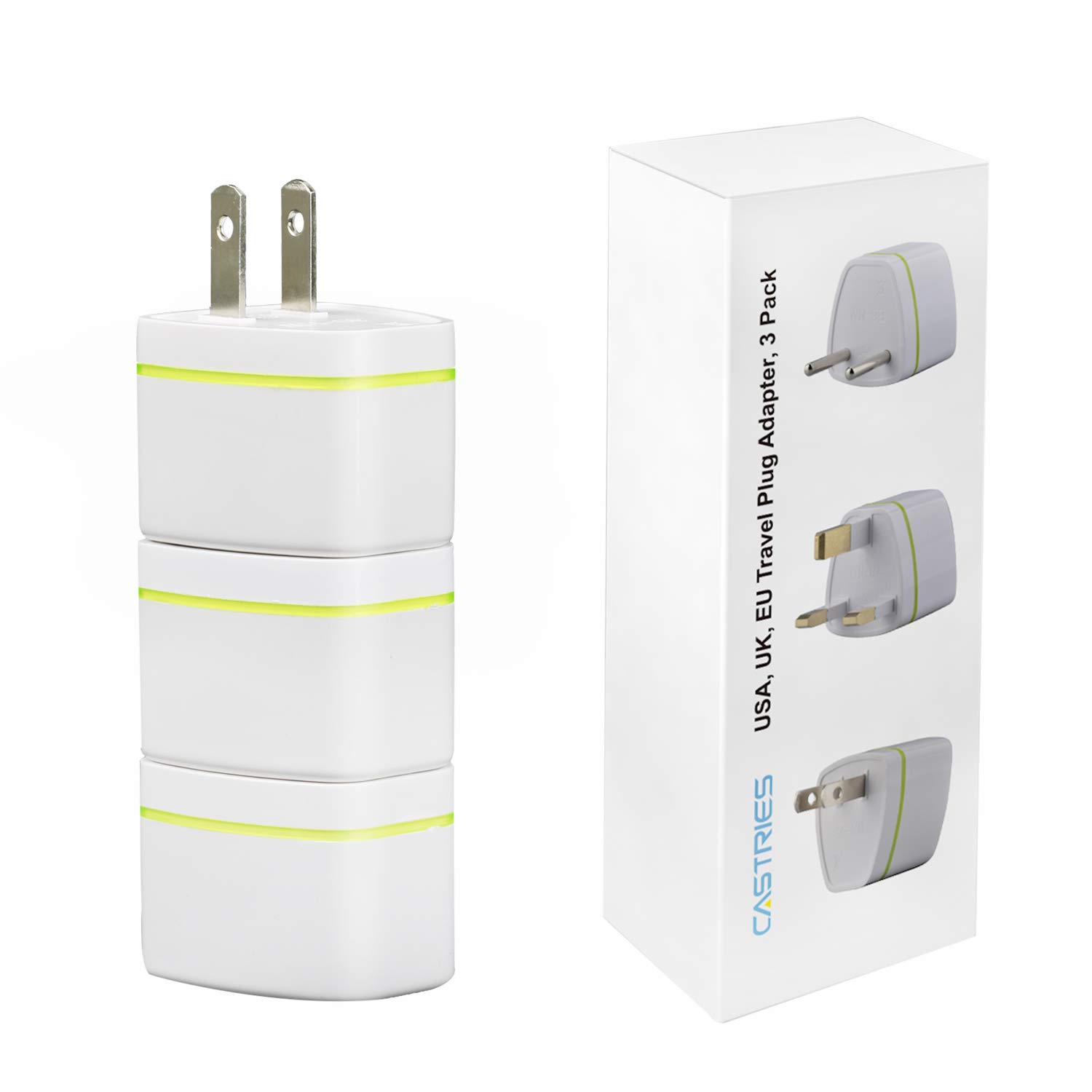 Travel Power Plug Adapter, USA, UK, EU Standard Plug, Universal & Grounded, 3 Pack