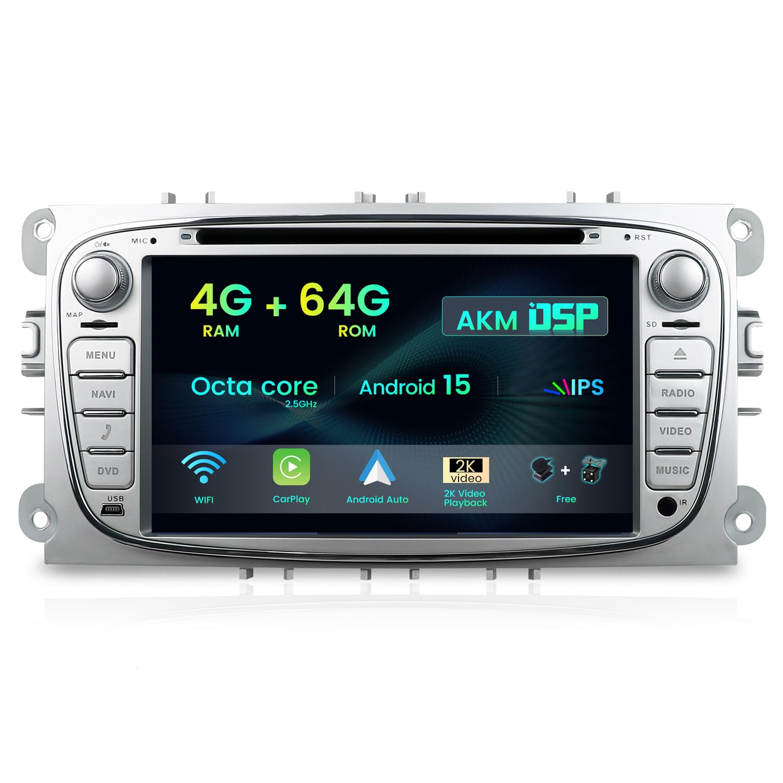 MISONDA 7inch IPS 4G+64G Android 15 Car Stereo For Ford Focus II/Mondeo MK4/C/S-Max Galaxy - Wireless CarPlay/Android Auto/DSP - 2 Din - GPS DVD Steering Wheel 4G BT RDS WiFi Camera