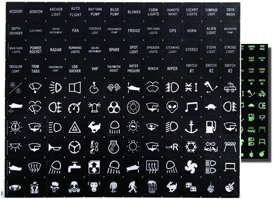 Frentaly Glow in Dark Rocker Switch Set Night Picture Word Label Decal Circuit Panel Sticker Car Boat Truck Marine (120pcs)