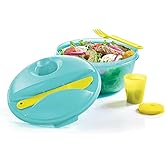 Tupperware Salad on the Go Set Lunch Keeper 6.25 Cup Bowl, Fork, Knife and Midget Blue Green