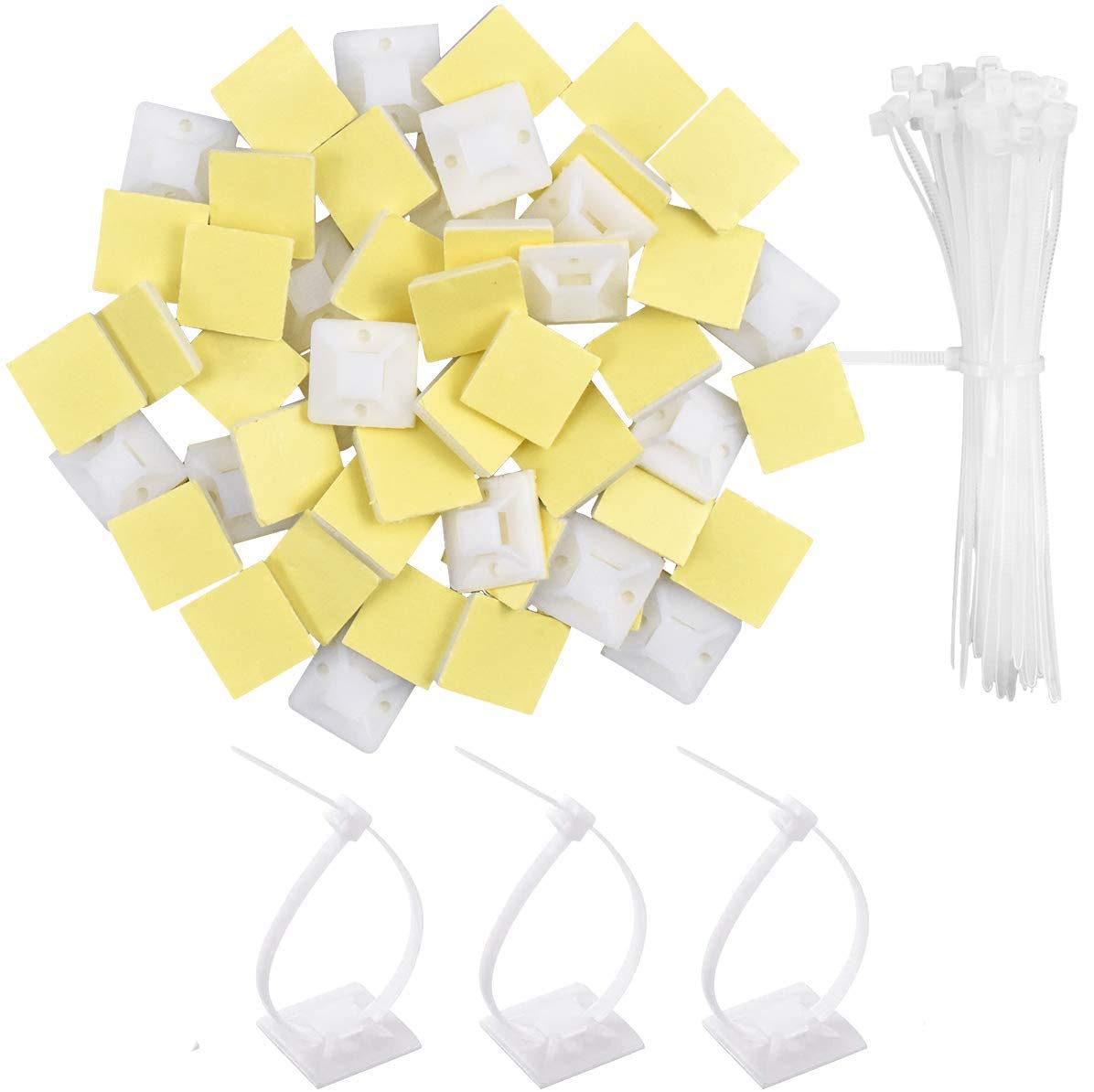 Jieddey Zip Ties Set,100 PCS White Cable Ties with Adhesive Mounts Cable Tidy Cable Nanagement Sticky Pads for Garden Garage Computer Electrical Wire Plant 100mmx3mm