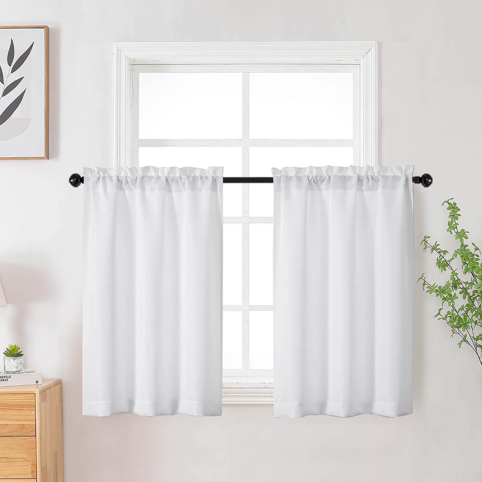 Photo 1 of WelvetBLK White Kitchen Curtains Tier 36 Inch Length 2 Panels, Faux Linen Textured Light Filtering Short Curtains Drapes for Bathroom Basement Half Window, Rod Pocket Design, White, Each 30Wx36L Inch
