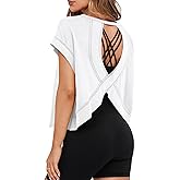 MIHOLL Womens Oversized Workout Crop Tops Open Back Casual Short Sleeve Crew Neck Cotton Loose Boxy Tshirts