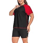 Inno Women's Plus Size 2 Piece Rash Guard Swimsuits Short Sleeve with Boyshorts UPF 50+ Surfing Swimwear 1X 2X 3X 4X 5X 6X
