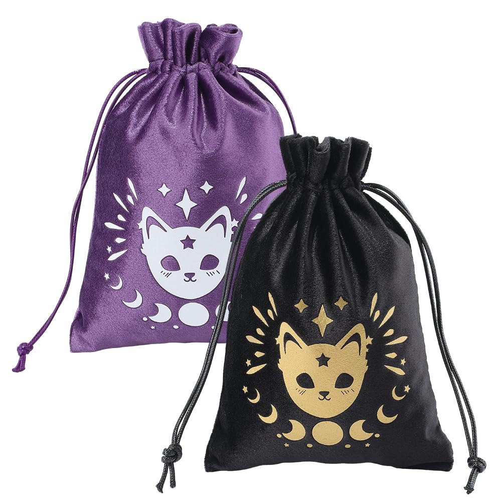 CREATCABIN Pack of 2 Tarot Card Pouches Velvet Drawstring Tarot Card Holder Dice Bags Black and Purple Moon Phases Jewellery Bags Cats Crystals Dice 13.5 x 18 cm