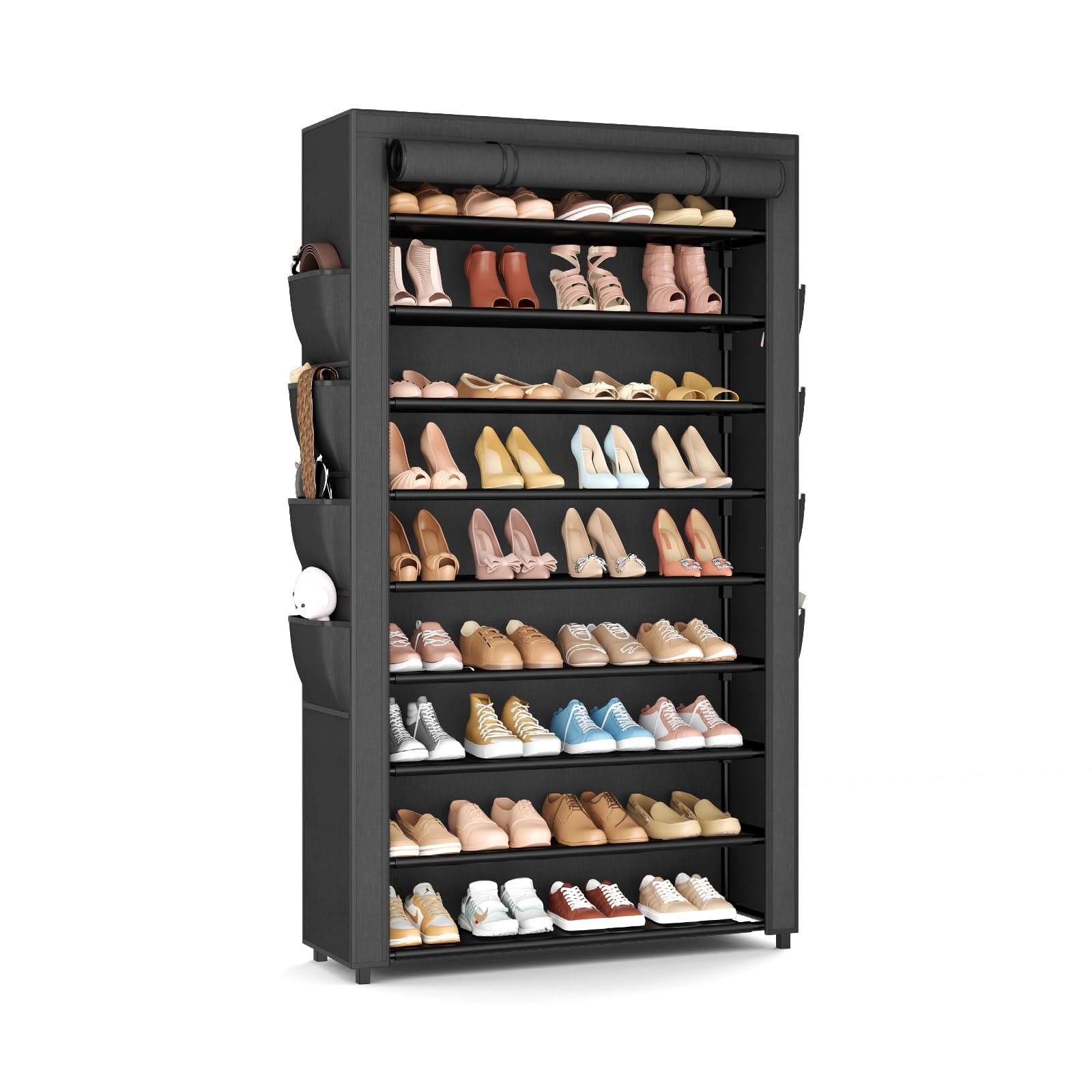 Photo 1 of BrFoYu Shoe Rack with Cover, 10 Tier Shoe Organizer Storage for 40-50 Pairs Sneaker and Boots, Large Capacity, with 8 Pockets, Free Standing Tall Shoe Rack for Front Door Entrance, Closet