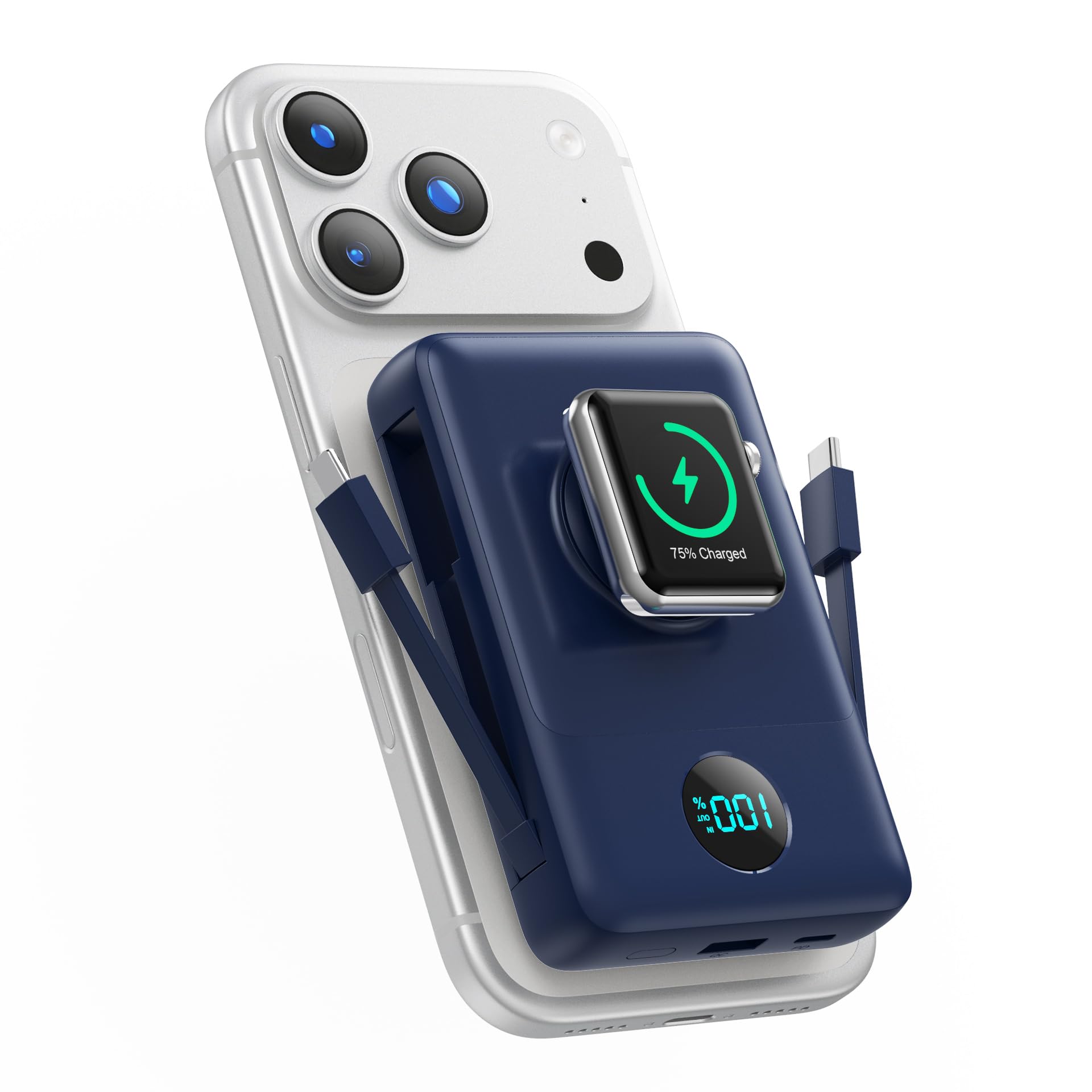 6 in 1 Magnetic Portable Charger for iPhone with Built-in Cables, 10800mAh 25W PD Fast Charging Power Bank, 6 Outputs Travel Essential Battery Pack for iPhone 17/16/15/14/13/12,Apple Watch (Blue)