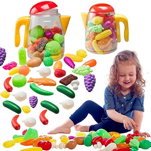 Pretend Play Food Playset For Kids – Fruits And Vegetables In Plastic Jar