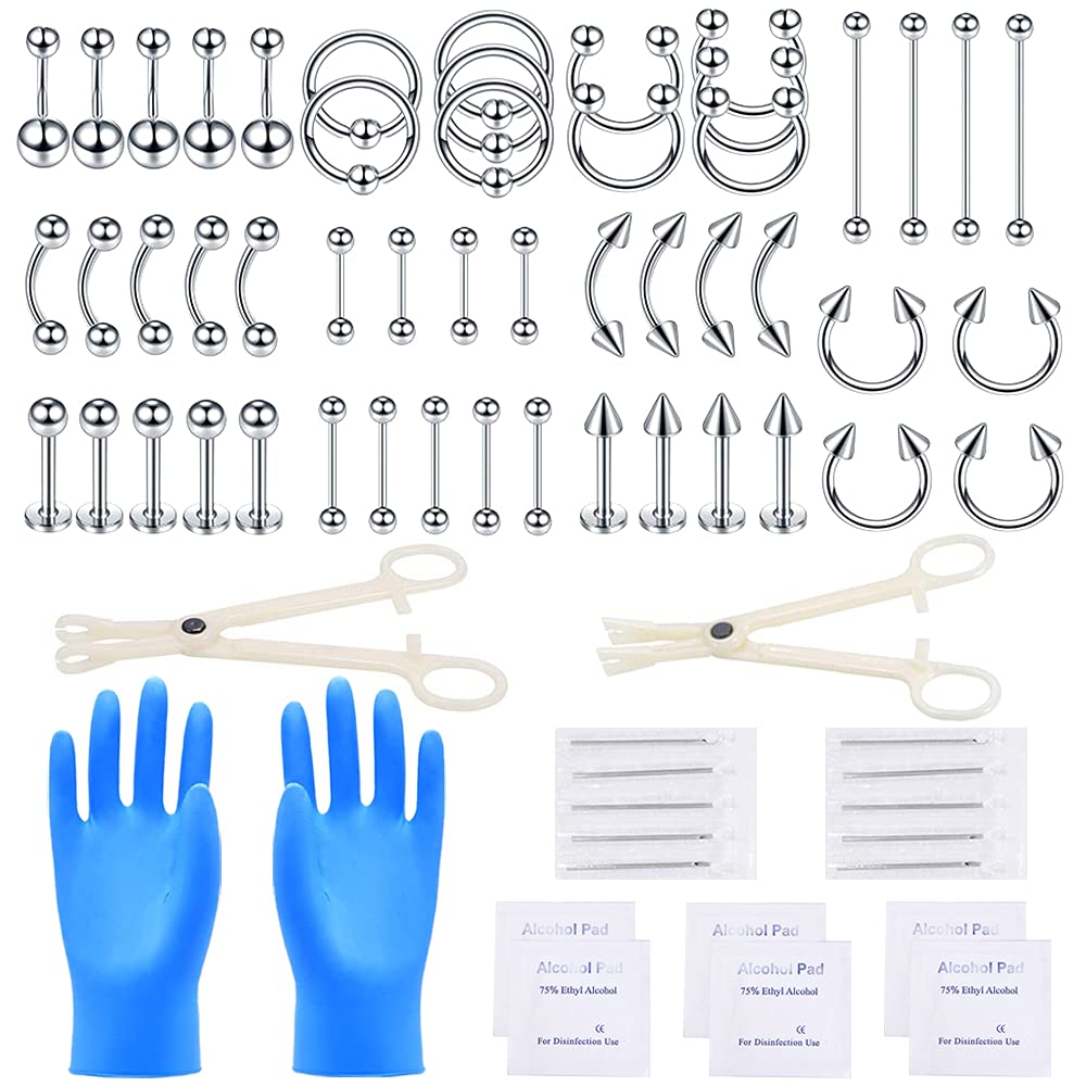PunkTracker 70Pcs Professional Ear Piercing Kit 14G 16G Stainless Steel Nose Piercing Kit Piercing Needles Nose Daith Eyebrow Lip Cartilage Tragus Helix Ear Piercing Belly Piercing Set