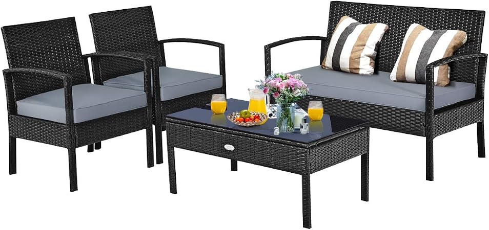 Amazon Com Tangkula 4 Pcs Wicker Patio Conversation Furniture Set Outdoor Rattan Chair And Table Set Patio Furniture Sets With Coffee Table Washable Cushions For Courtyard Balcony Garden 1 Black Garden Outdoor